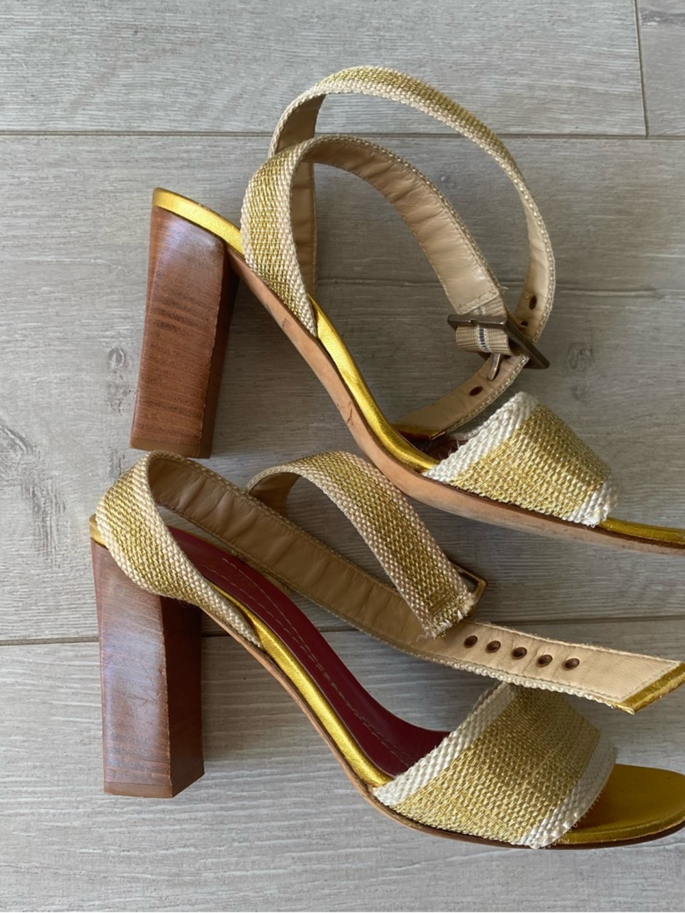 kate spade Gold Woven Block Heel Sandals - Size 6